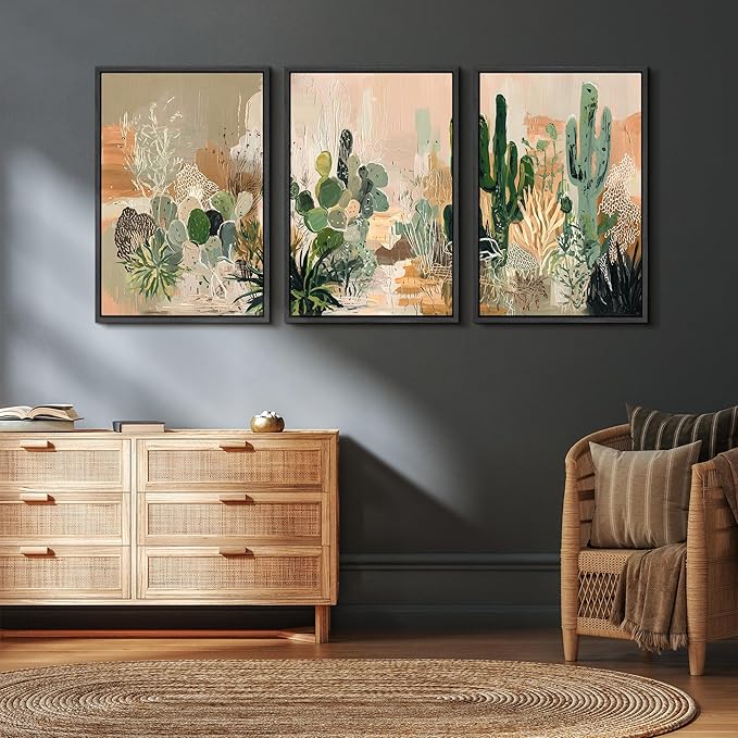 wall26 Framed Canvas Print Wall Art Set Desert Botanicals Triptych in Soft Earth Tones Illustrations Modern Art Decorative Multicolor for Living Room, Bedroom, Office - 16"x24"x3 BLACK