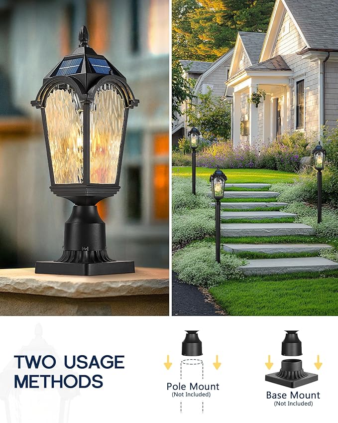 FEMILA Solar Post Lights Outdoor, 17.3" Dusk to Dawn Outdoor Post Lights Aluminum Glass Solar Post Light for Garden Patio Driveway, 4FYX90P-SL BK