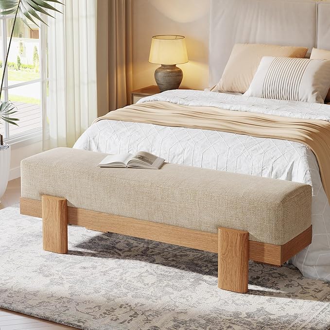 Tribesigns 55-Inch Upholstered Entryway Bench, Modern Shoe Bench with Ultra-Plush Thick Cushion and MDF Frame, End of Bed Stool Long Ottoman for Entrance, Living Room (Beige & Oak)