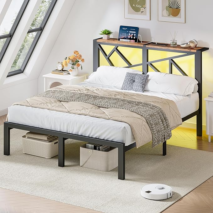 Full Size Black Metal Bed Frame with USB Charging Station, LED Ambient Lighting, and Wooden Storage Headboard - Includes Under-Bed Storage, No Box Spring Needed, Noise Free, Easy Assembly