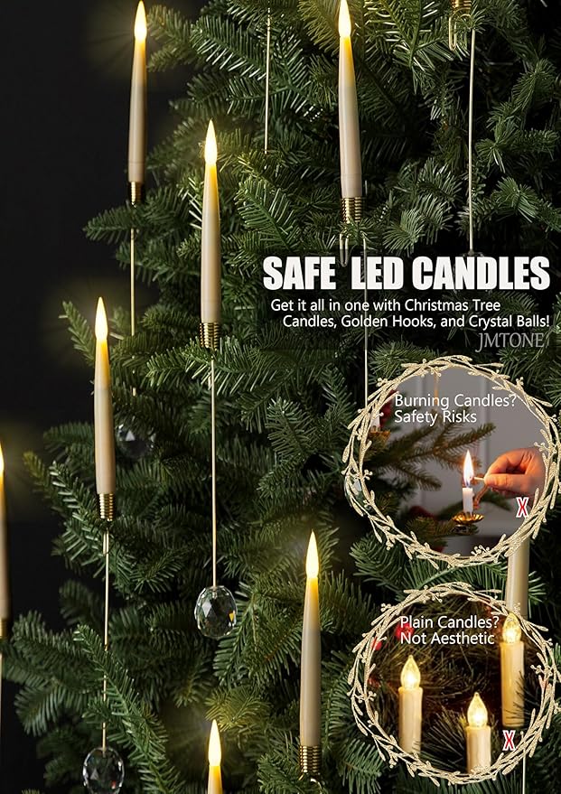 Christmas Tree Candles, 12 Pack Flameless Taper Candles for Christmas Tree Decor, Battery Operated with Remote Flickering LED Candles with Clear Crystal Ball Gold Hook for Xmas Gift Wedding Home Decor