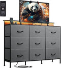 WLIVE Grey Dresser TV Stand for 45, 50, 55 inch TV, Entertainment Center with LED Lights & Charging Station, Chest of drawers with 9 Fabric Drawers and Open Shelves for Living Room, Hallway, Dark Grey