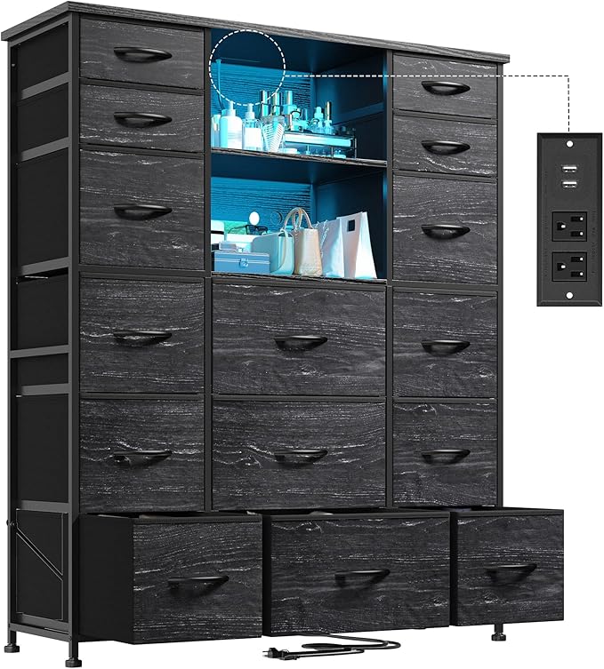 EnHomee 51" H Dresser with 15 Drawers Dresser for Bedroom with Charging Station & LED Lights & Hutch Sturdy Black Bedroom Dressers, Steel Frame, Wood Top, 51.2" H x 39.3" W x 11.8" D