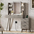 Fluted Vanity Desk with Mirror and Lights, 31.5" Glass Top Makeup Table Set with 5 Drawers, Power Outlet & Storage Cabinet, Large Dressing Table with RGB Ambient Light for Bedroom Women Girls, Grey