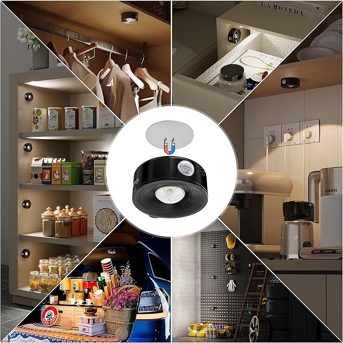 2" Rechargeable Mini Puck Lights w/Lanyard, Renter Friendly Magnetic Stick On Battery Operated Lights, Wireless Motion Sensor Light Indoor for Closet, Wall, Shelves, Kitchen, Locker - 3Pack/Black