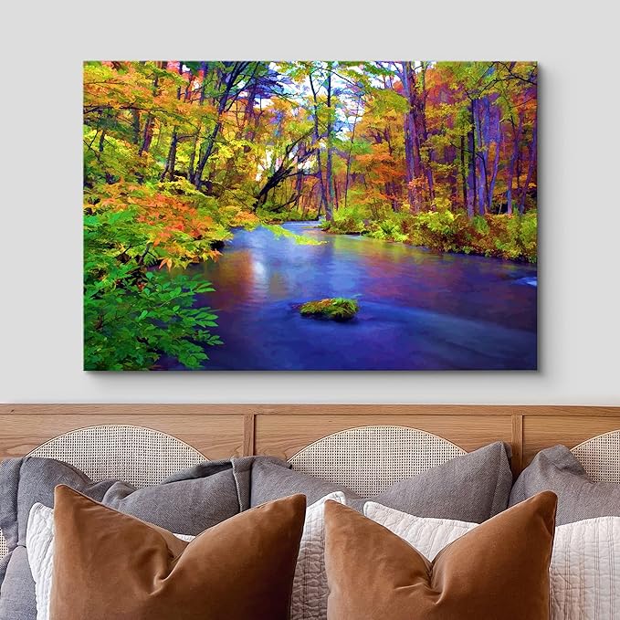 wall26 Canvas Print Wall Art Multicolor Autumn Forest with Blue River Floral Nature Illustrations Realism Bohemian Scenic Relax/Calm Cool for Living Room, Bedroom, Office - 32"x48"