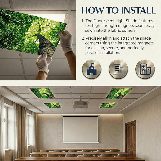 4 Pack Fluorescent Light Covers for Ceiling Lights -Magnetic Cloud Cover for Fluorescent Or LED Fixture 2ft x 4ft Classroom,Home,Office Decoration Filters Overhead Lighting-Towering trees