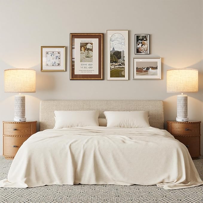 Touch Table Lamp Set of 2 for Home and Modern Farmhouse Decor - Ceramic Boho Bedside Lamps with USB Port - White Nightstand Light for Bedroom, Living Room, Side Tables and Small Night Stand