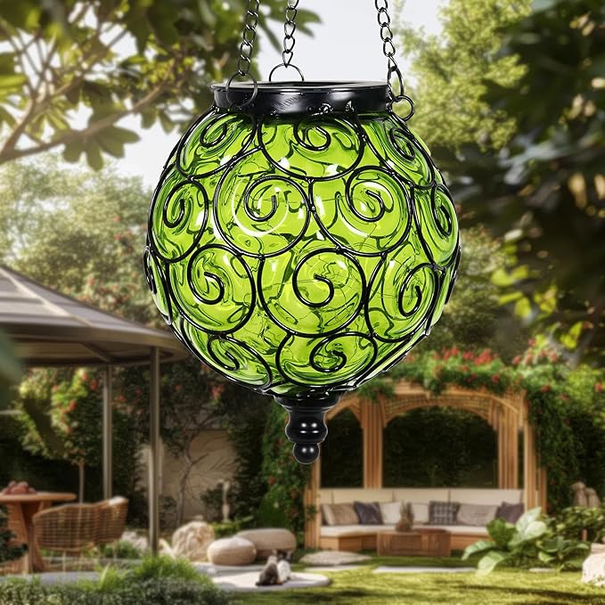 Solar Hanging Lantern Outdoor Garden Lights, Round Glass and Metal Hanging Lantern, 15 Firefly LED Lights, 7 x 20 Inch (Green)