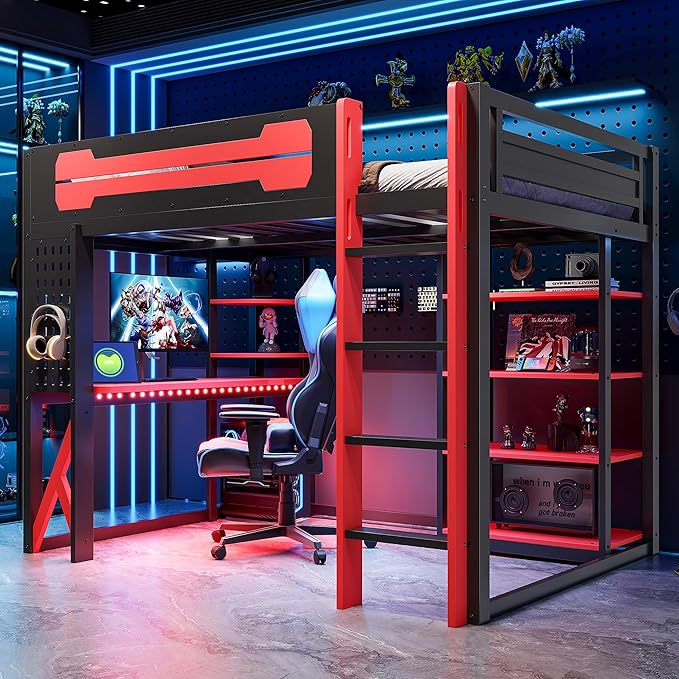 MERITLINE Ultimate Gaming & Study Loft Bed: Full Size Wood Frame with Integrated Desk, RGB Lights, Charging Station, Bookshelf & Pegboard (Black+Red)