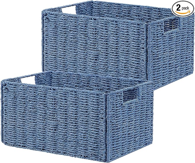 Vagusicc Wicker Storage Basket, Set of 2 Hand-Woven Paper Rope Wicker Basket, Small Storage Baskets for Organizing Toilet Paper, Foldable Large Cube Storage Organizer Bins for Shelves (Blue)