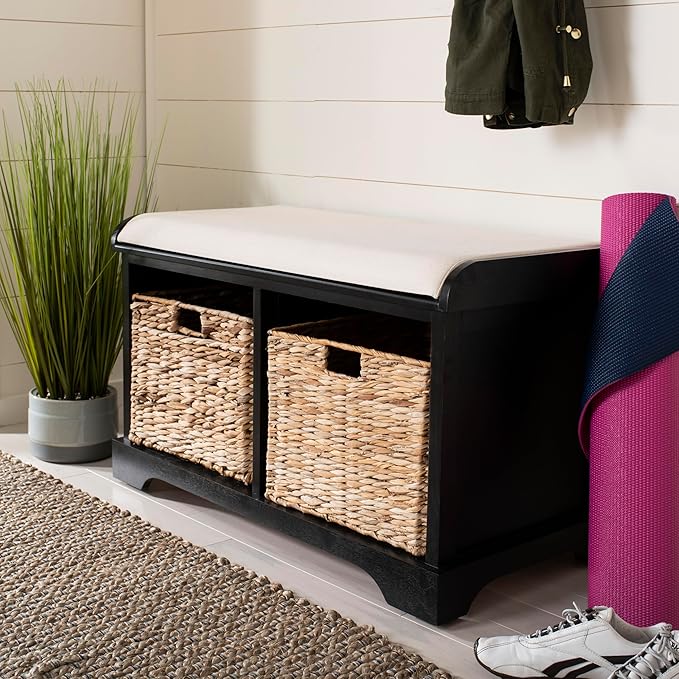 SAFAVIEH Home Collection – Freddy Black Storage Bench with Wicker Baskets & Cushion, Entryway Seating Bench, Fully Assembled (AMH5736B)