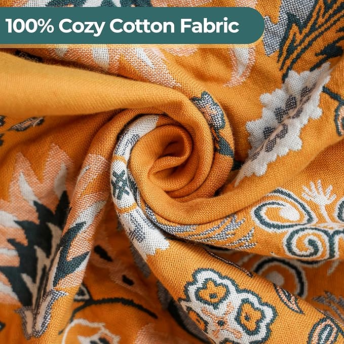 Boho Throw Blanket for Bed,100% Cotton Ultra Soft Lightweight Muslin 4-Layer Breathable Woven Throws 90''x 98'' Blanket Yellow Floral Farmhouse Decor Bed Blankets