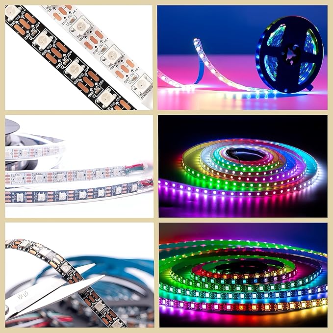 WS2812B LED Strip Individual Addressable Light 16.4FT 60Pixels/m 300Pixels Dream Color SMD 5050 LED Pixel RGB Strip IP67 Waterproof DC5V (Black PCB)