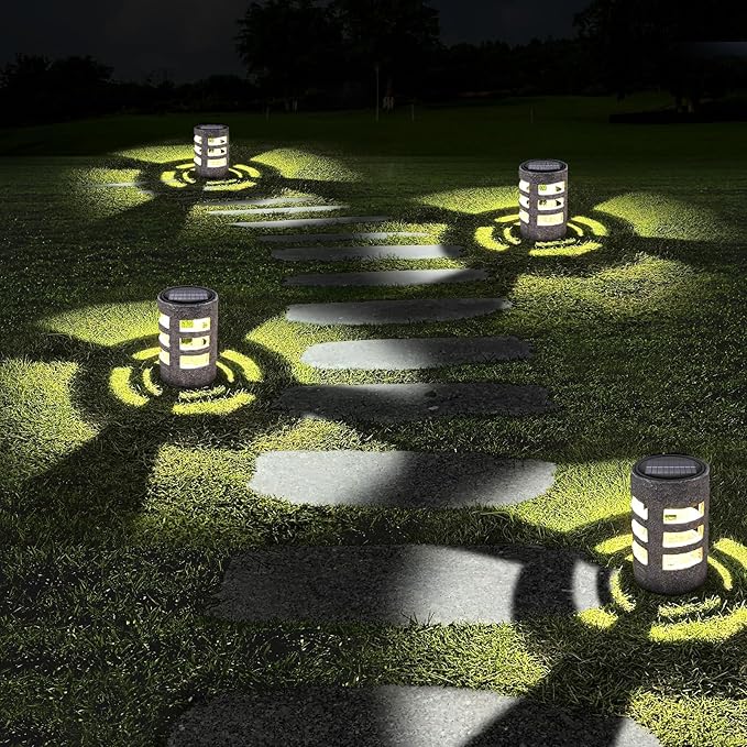 Solar Path Lights Outdoor 4 Pack, Decorative Pattern Lighting, Auto On/Off Dusk to Dawn, Waterproof Solar Powered Landscape Lights, Modern Resin Garden Lights for Yard Patio Walkway (Gray)
