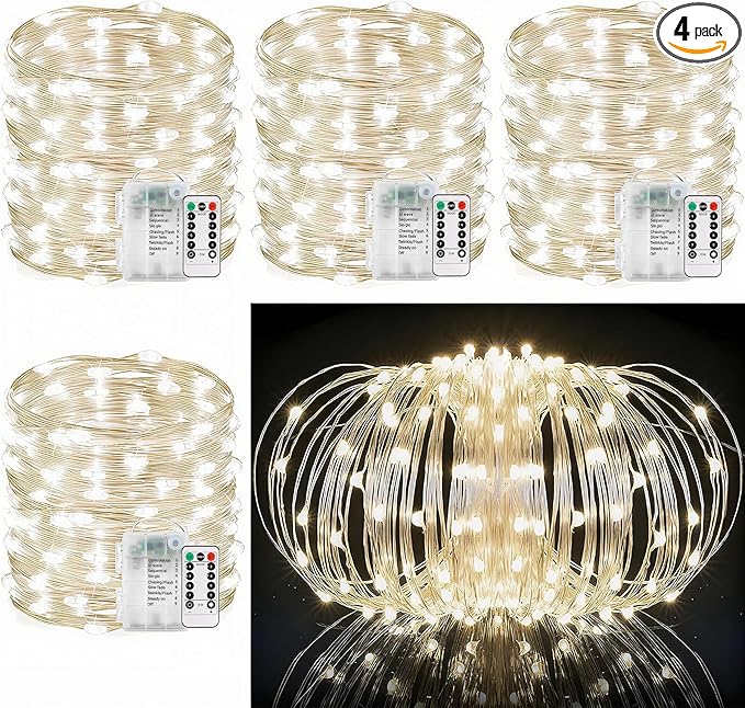 33Ft String Lights Battery Operated with Remote Control Timer, 100LED 4 Pack Waterproof 8 Modes Copper Wire Twinkle Fairy Lights for Bedroom Indoor Outdoor Wedding Dorm Christmas Decorations