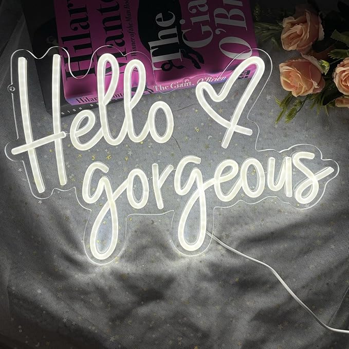 Hello Gorgeous Neon Sign,LED White Neon Hello Sign Decorative Art Lamp with Dimmable Switch Suitable for Home Wedding Birthday Backdrop Party,17x10In,Usb Powered(White Hello Gorgeous)