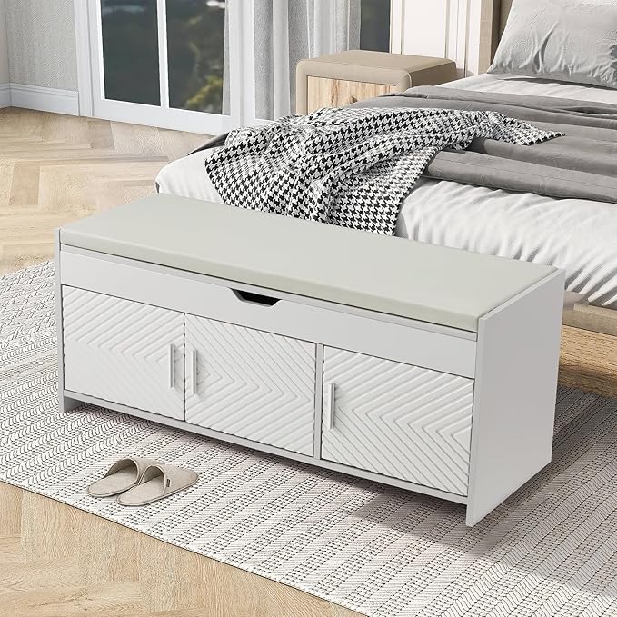 ECOTOUGE Storage Bench, Shoe Bench with Lift Top Storage, Entryway Bench with Cushioned Seat, Adjustable Shelf for Living Room, Bedroom, Hallway, Light Grey