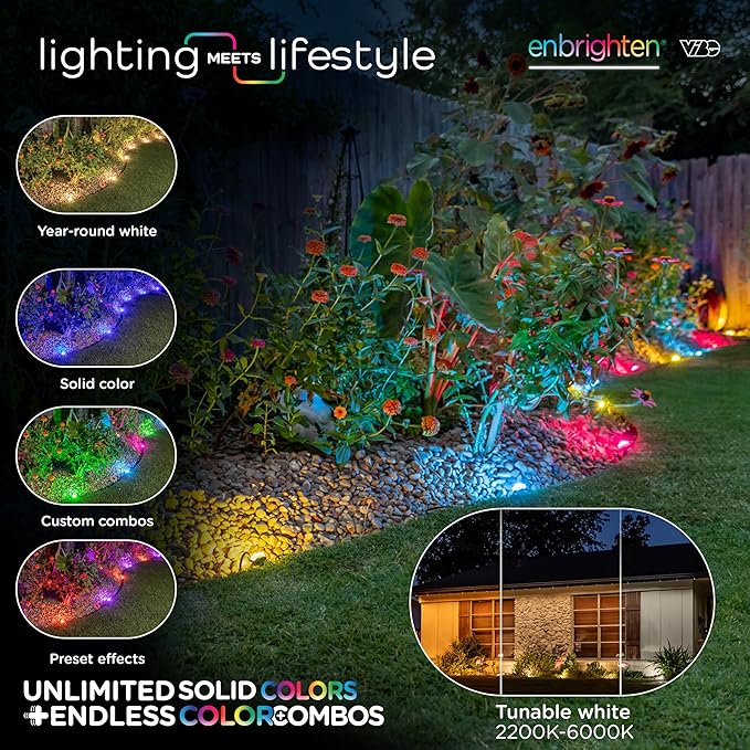 Enbrighten Vibe Eternity Garden Lights, 33ft, 8 RGBWIC LEDs, Waterproof, Uplights, Outdoor Landscape Lighting, Home Exterior Spotlight, Smart App, Compatible with Alexa, Google Home, 83789