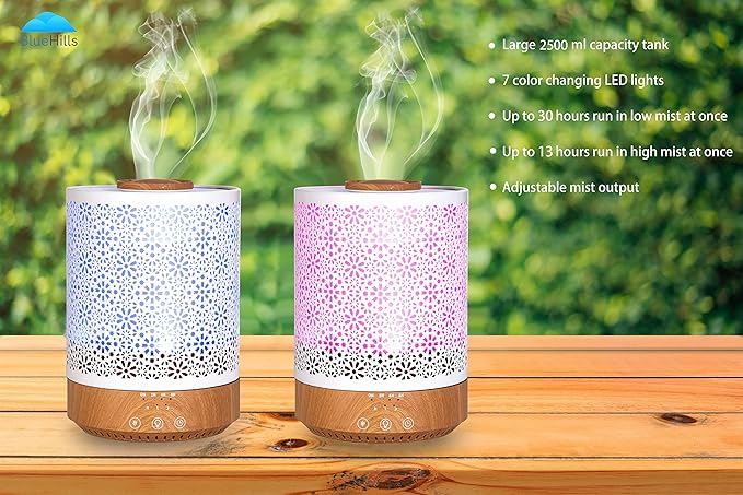 BlueHills Premium 2500 ML Set of 2 Extra Large Essential Oils Diffusers for Big Rooms High Mist Output XL Huge Capacity Adjustable Cool Mist Great Gift – Wood Grain and a Design