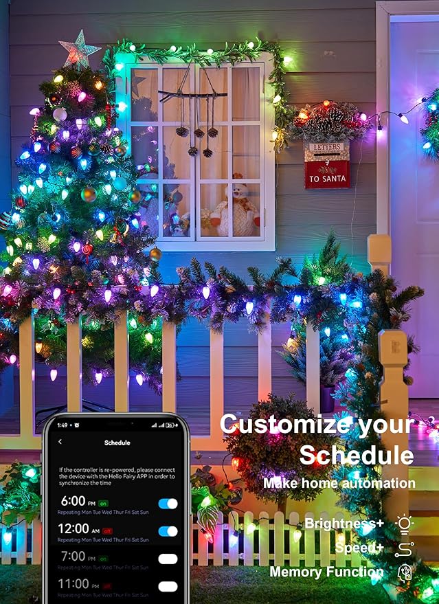 Brightown C9 LED Christmas Lights Outdoor, 200LED RGB Smart Christmas Tree Lights Music Sync DIY APP Controlled, Waterproof Connectable C9 String Lights for House Indoor Patio Xmas Decoration