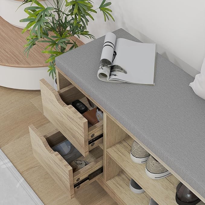 HOMCOM Shoe Bench with Storage, Modern Upholstered Entryway Bench with Open Shelves, Drawers and Pocket for Living Room, Hallway, Grey