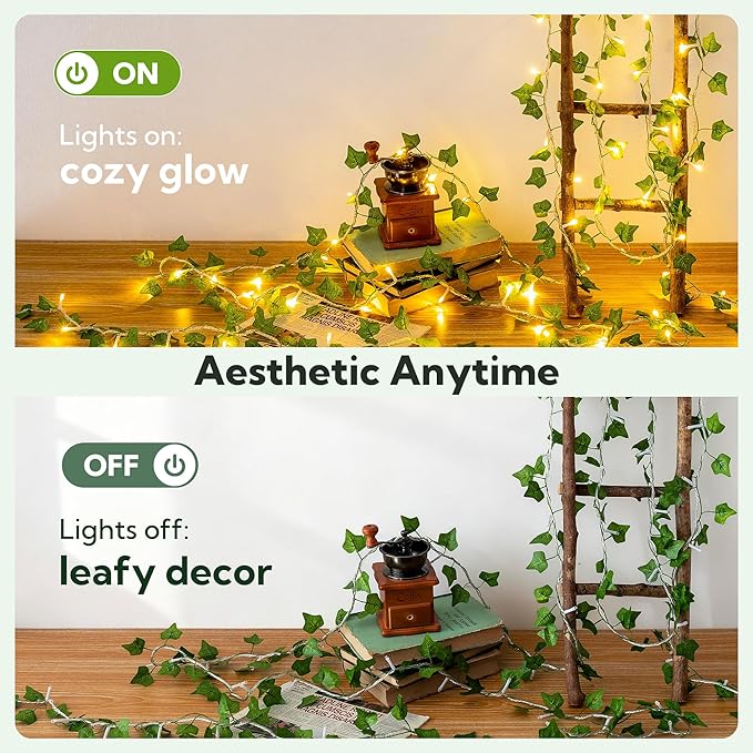 HEYFUNi Vines with Lights, 23 Ft 73 Led Fake Ivy String Lights Plug in, Leaf Lights for Bedroom, Wall, Balcony, Wedding Decor, Warm White