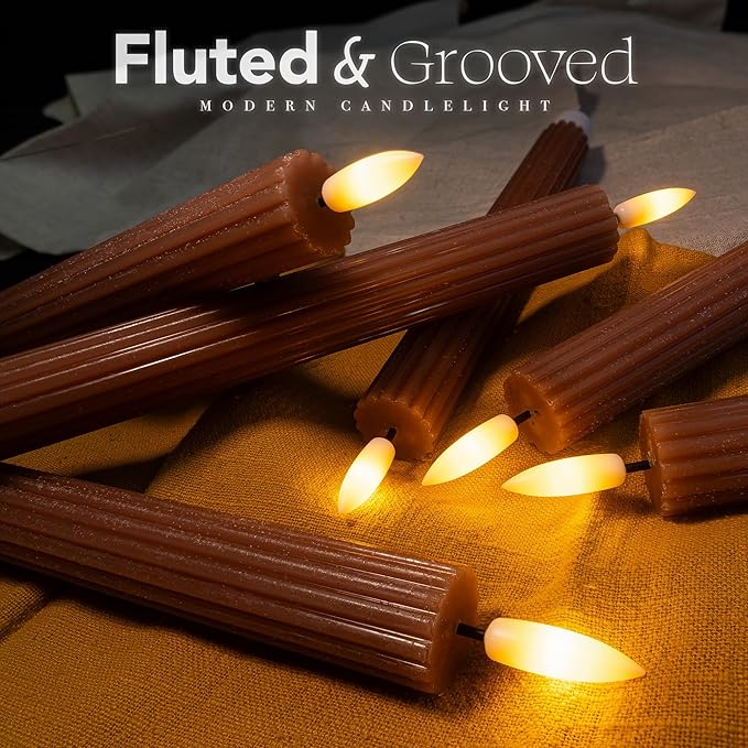WYZworks 10" Fluted Ribbed LED Brown Tan Grooved Pillar Candles with 2 Remotes & 24h Timer Memory, On/Off Switch - Flameless Dimmable Battery Operated w/Flicker Mode, Home Wedding Decor (12 Pack)
