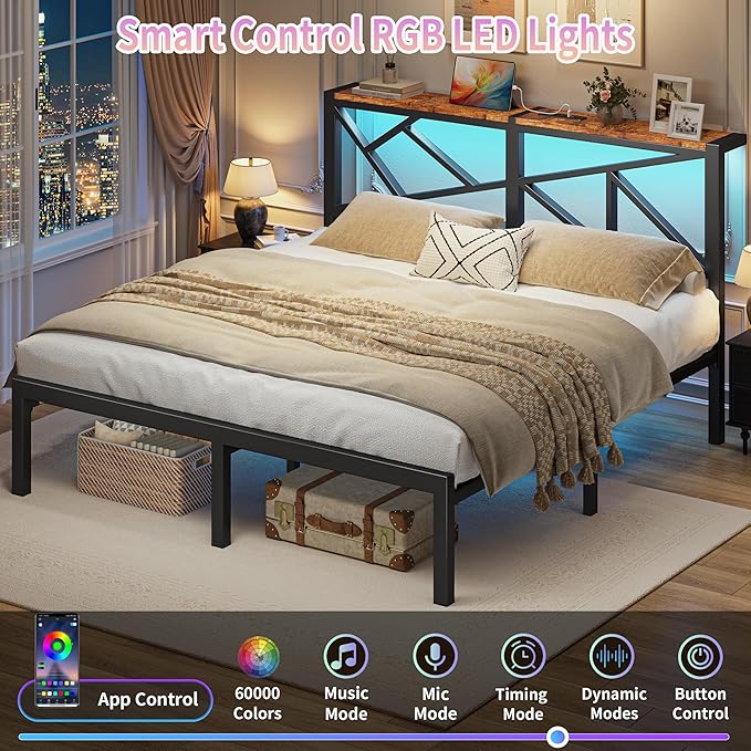 King Size Black Metal Bed Frame with USB Charging Station, LED Ambient Lighting, and Wooden Storage Headboard - Includes Under-Bed Storage, No Box Spring Needed, Noise Free, Easy Assembly