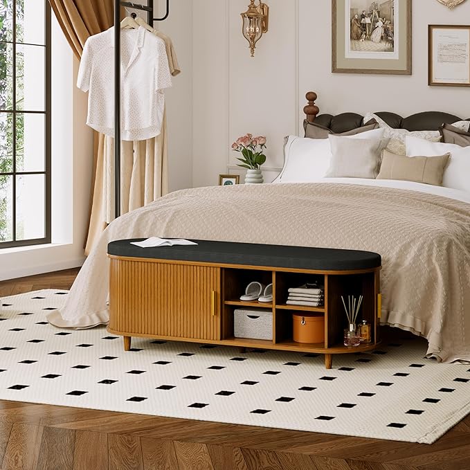 Entryway Bench with Storage: 51.2" Wooden Bedroom Shoe Bench with Thickened Padded Seat Cushion, Mid Century Modern Fluted Sliding Door and Adjustable Shelf, for Entryway, Living Room