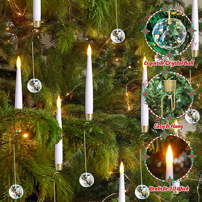 Pack of 12 Flickering Remote 0.5" x6" LED Short Taper Candles with 12 Crystal Ball Hooks, Battery Operated Timer Window White Plastic Flameless Warm Light Candlesticks for Holiday Decor