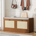 MHOM Rattan Shoe Bench for Entryway, Hallway and Bedroom - Boho Bench with Storage Cabinets and Seat Cushion - Wooden Storage Bench Fits up to Size 16, Brown