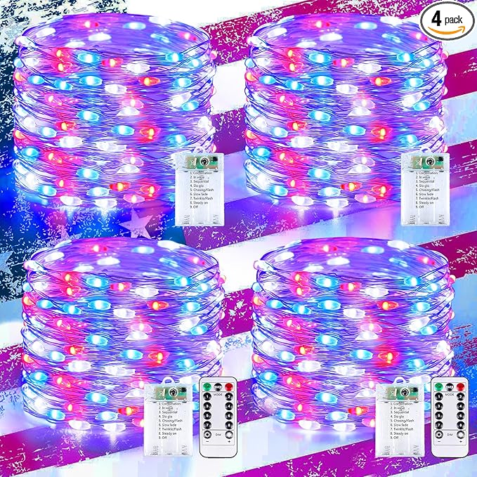 4Pack 80FT 240LED Red White and Blue Fairy Lights Battery Operated with Remote | 4th of July Decorations Twinkle Lights with Timer | American Flag Light for Independence Day Patriotism Decorations