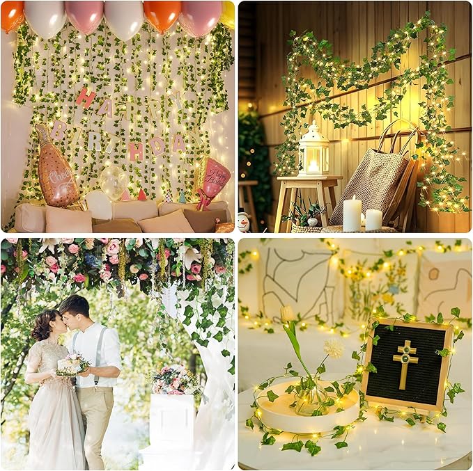 YOUNGAR Ivy Vines with Fairy Lights,Leaf String Warm White Lights Battery/USB Operated,23FT 73LED Fake for Bedroom Wall Room Wedding Birthday Garden Party Wall Room Decor