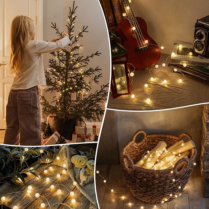 Globe String Lights,10FT 30 LED Decorative Christmas Lights,8 Modes Crystal Crackle Ball Lights,USB Twinkle Fairy Lights for Bedroom,Indoor,Outdoor,Classroom,Wedding,Party,Garden,Warm White