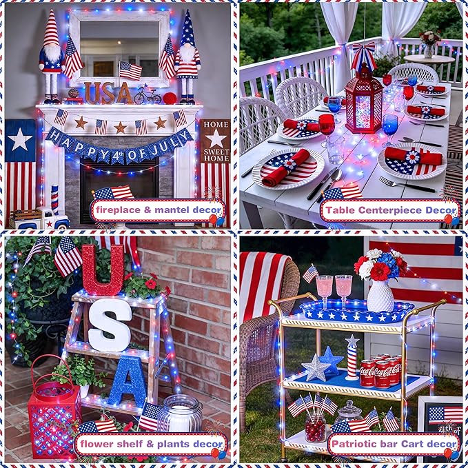 JMEXSUSS 4th of July Decorations Red White and Blue Fairy Lights Plug-in, 33ft 100 LED USB Fairy Light Indoor, 8 Modes Patriotic 4th of July Lights for Independence Day American Flag Holiday