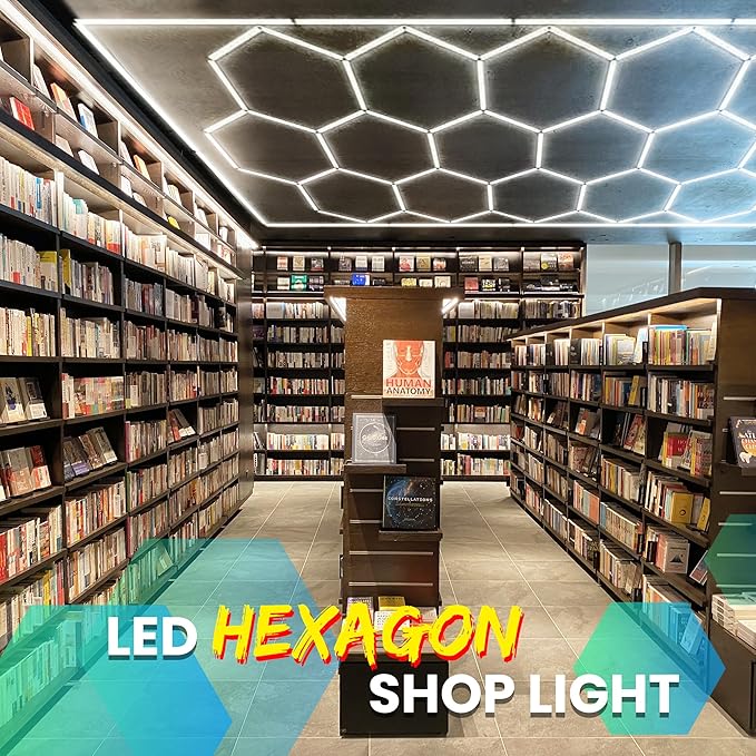 Car Detailing Led Garage Light,15 Hexagonal Grid Systems Led Shop Lights for Garage/ Workshop with White Border, IP54 2 Year Warranty AC 100-240V(15.88 fts x 7.98 fts )
