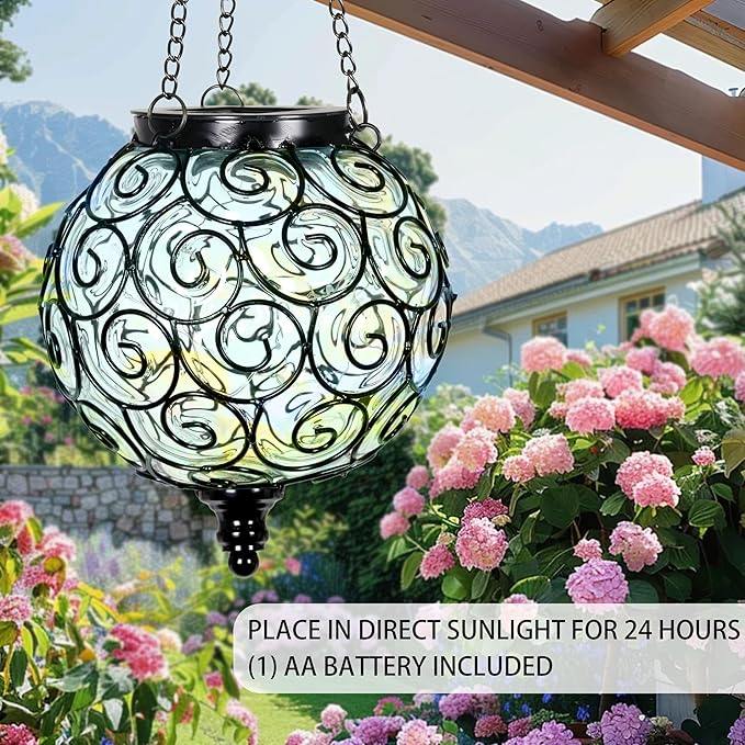 Solar Hanging Lantern Outdoor Garden Lights, Round Glass and Metal Hanging Lantern, 15 Firefly LED Lights, 7 x 20 Inch (Clear)