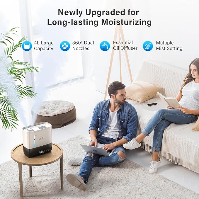 JRD Humidifiers for Bedroom, Ultrasonic Humidifier 4L for Large Room, Cool Mist Top-Fill, 40H Run, 12H Timer, 360° Nozzle, Aroma Diffuser, 7-Color Night Light for Home, Office, Baby(White)