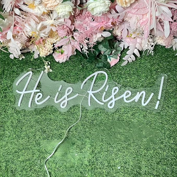 He is Risen LED Neon Signs for Wall Decor Neon Wall Art Acrylic LED Lights with Hanging Chain Light Up for Bedroom Decor Graduation Bar Pub Wedding Party 5V USB Powered Dimmable