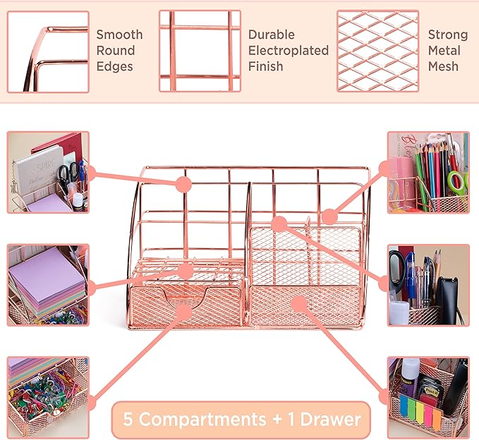 Rose Gold Desk Organizer for Women Cute Home Office Accessories & Supplies Decor, Girly Desktop Stationary Essentials Organization Set, Mesh Caddy Storage 5 Compartments +1 Mini Sliding Drawer