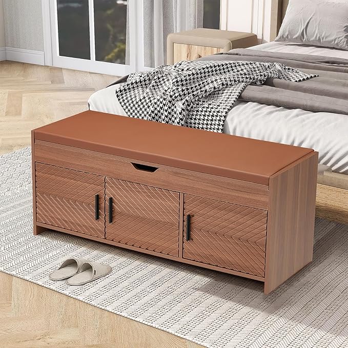 ECOTOUGE Storage Bench, Shoe Bench with Lift Top Storage, Entryway Bench with Cushioned Seat, Adjustable Shelf for Living Room, Bedroom, Hallway, Brown