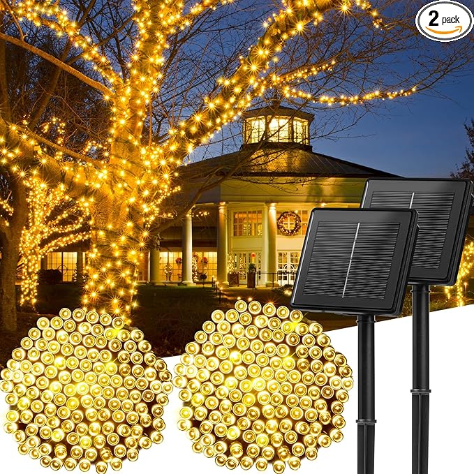 Solar String Lights Outdoor Waterproof, 2 Pack Total 144FT 400 LED Solar Powered String Light with 8 Lighting Modes, Waterproof Patio Lights, Christmas Outdoor Lights for Outside Tree, Warm White