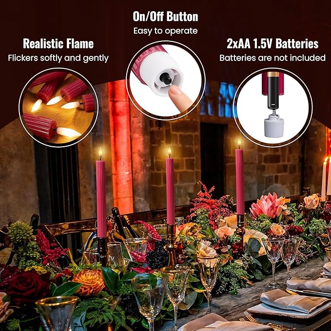 6 Pack, 10" LED Flameless Pink Ribbed Taper Candles w/Remote Controller, On/Off Button, Dimmable, Flicker/Static Mode, Battery Operated, Holiday Christmas Menorah Home Wedding Decor