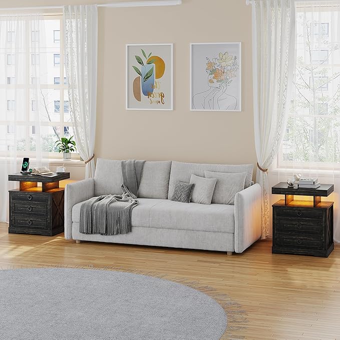 HNEBC Set of 2 Smart Farmhouse Nightstands with Gun Safe Drawers, 3-Color Auto LED Lights, Built-in Charging Station & Hidden Compartment, Bedroom Bedside Tables Rustic Brown