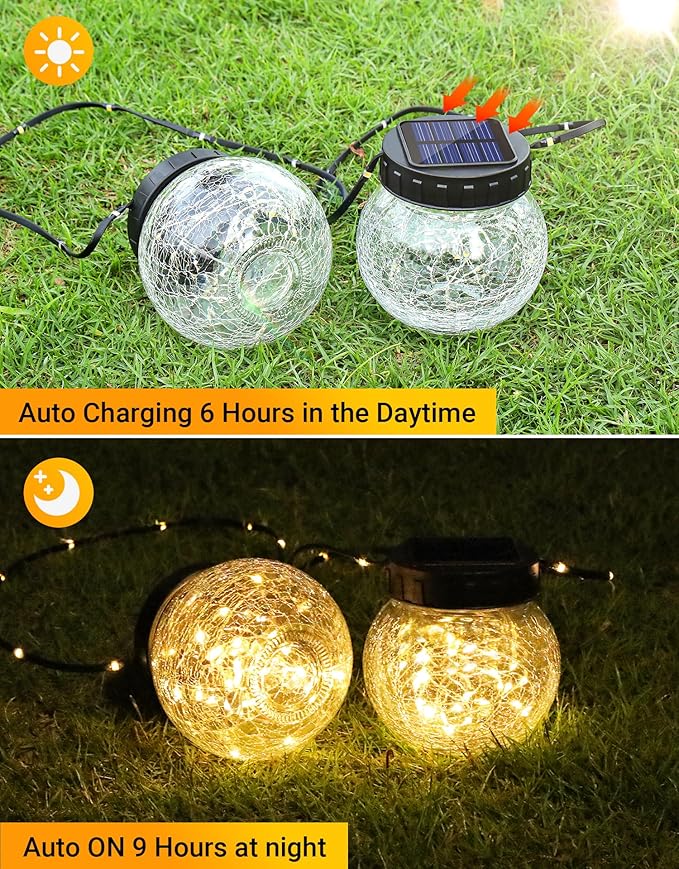 PARTPHONER Solar Lights Outdoor Waterproof 12-Pack, Solar Powered Hanging Lantern Cracked Glass Hanging Globes for Yard Decor Christmas Decoration, Shepherd Hook, Garden Tree Table Ornaments, Warm