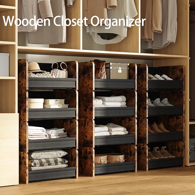 FOUCSSOMEI Closet Organizer and Storage, 4 Tier Stackable Storage Organizer, Wooden & Metal Closet Shelves, Modular Clothes Organizer, Storage Shelf, Bedroom & Closet Organization, Patent Design