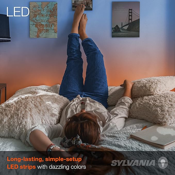 Sylvania 32ft RGB Flexible Light Strip Starter Kit, 16 Dimmable Colors with IR Remote Control, Power Adapter, Clips, White - 1 Pack (65636)