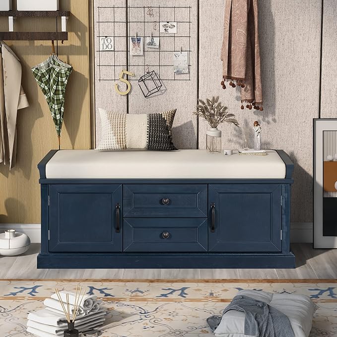 Entryway Storage Bench with Drawers & Cabinets — Cushioned Shoe Storage Bench for Hallway, Mudroom, or Living Room, Solid Wood Frame (Antique Navy)
