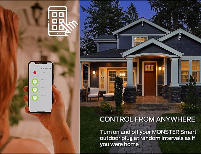 Monster Outdoor Smart Outlet Plug, 3-Outlet, Voice Control Compatible with Alexa and Google Assistant, Scheduling, Timer Control, Automation, Quick Setup via 2.4GHz Wi-Fi, Smart Outdoor Plug